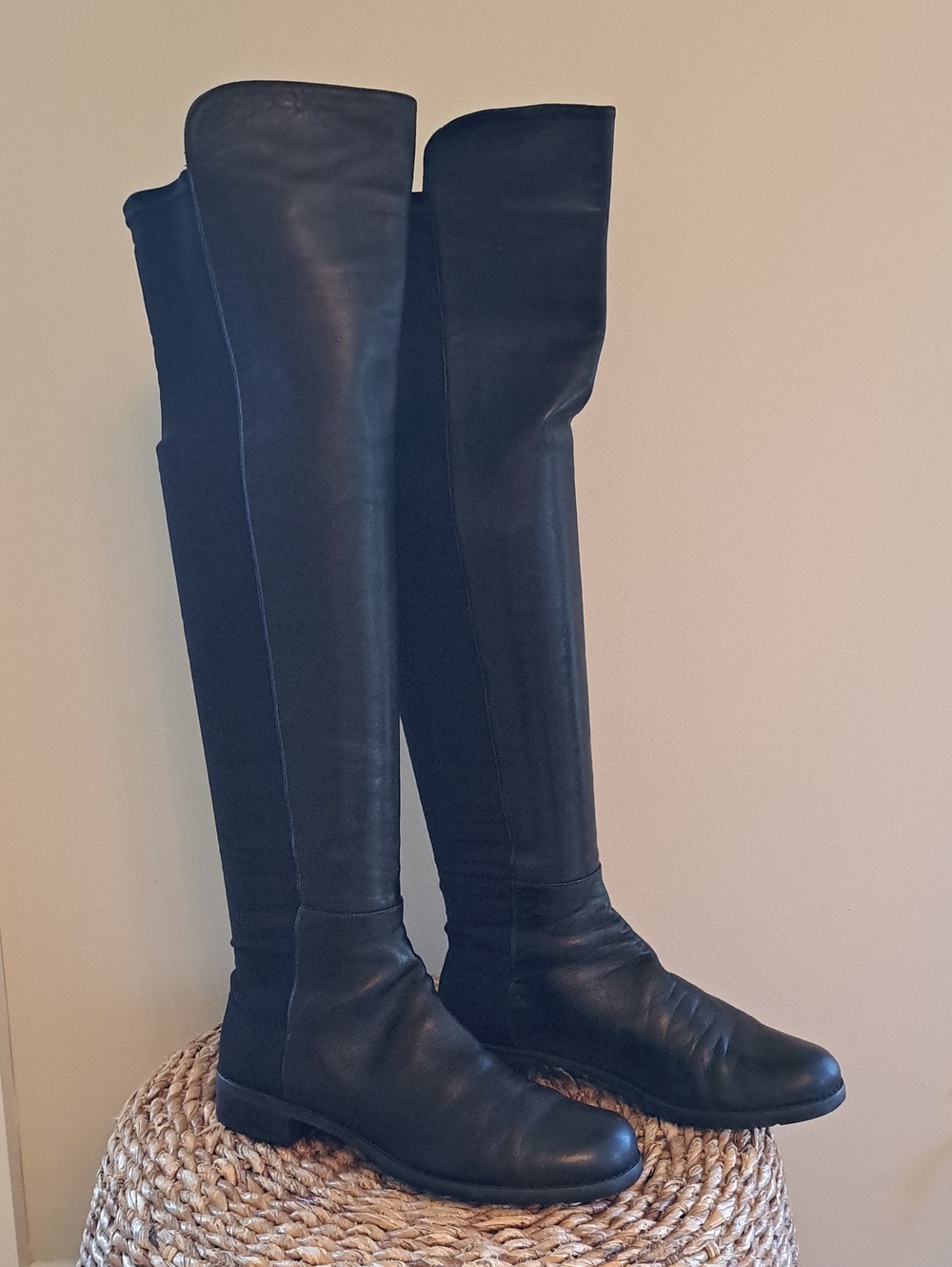 Stuart Weitzman Womens Luxury Over-the-Knee 50/50 Black Leather/Stretch Boots 8